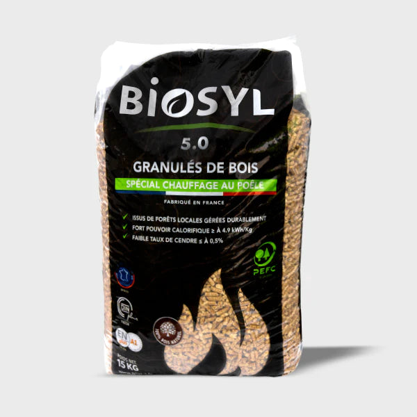 Granulés Bois BIOSYL Premium 5.0, Palette 72 Sacs 15kg, Chauffage Écologique