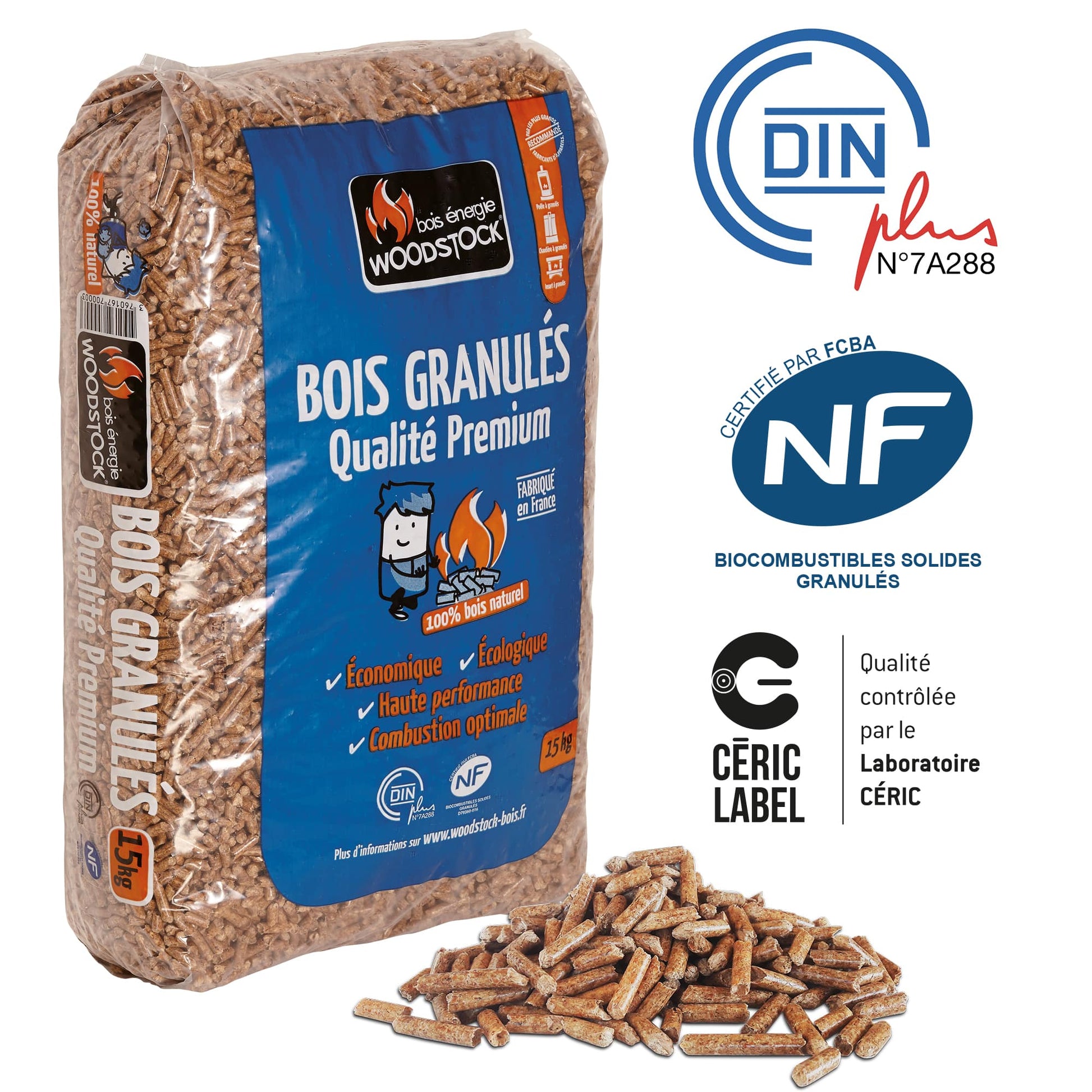 Granulés de Bois Woodstock® Premium Certifiés NF DINplus - Palette 72 Sacs 15kg