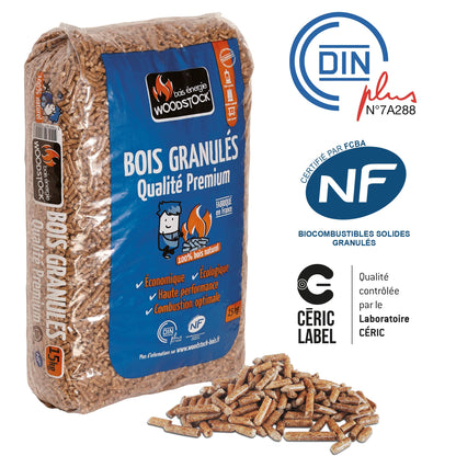 Granulés de Bois Woodstock® Premium Certifiés NF DINplus - Palette 72 Sacs 15kg
